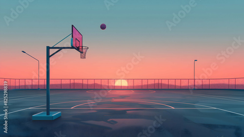 Sunset Basketball Court with Hoop and Ball in Motion, A serene basketball court at sunset, featuring a hoop with a basketball in mid-air