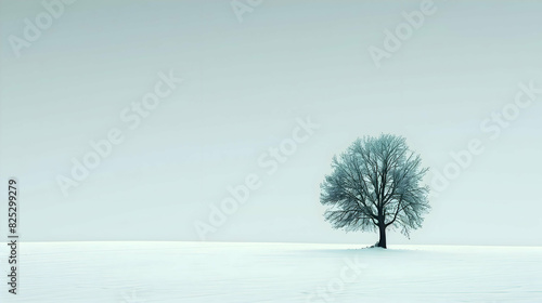 Lone Tree in a Vast Snow-Covered Field Under a Pale Sky, A lone tree stands in a vast, snow-covered field under a pale, wintry sky.