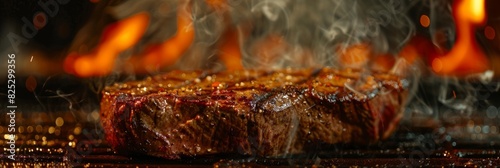 A close-up of a steak grilling on a hot surface, emitting a mouthwatering aroma and displaying a seared texture