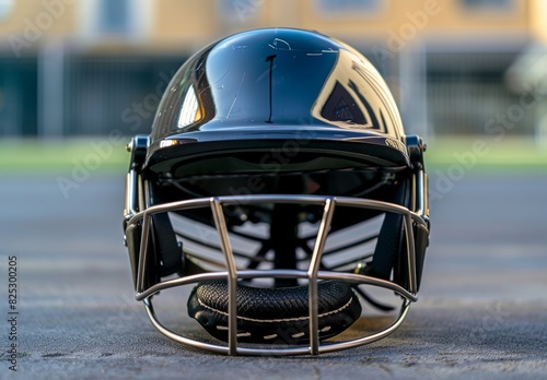 A cricket batting helmet with a protective grill on a cricket field.