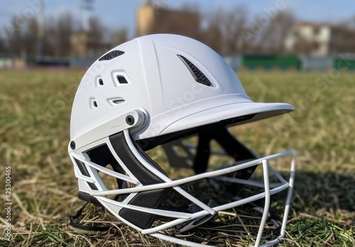A cricket batting helmet with a protective grill on a cricket field.