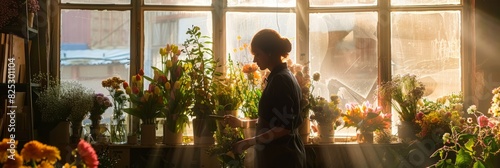 A woman standing in front of a window with a backdrop of blooming flowers