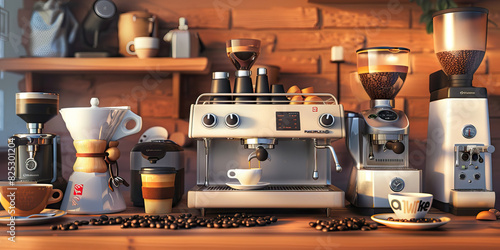 Italian Caffeine Culture Desk: A wooden desk adorned with various espresso machines, coffee beans, and a cappuccino cup, showcasing the central role of coffee in the Italian workplace
