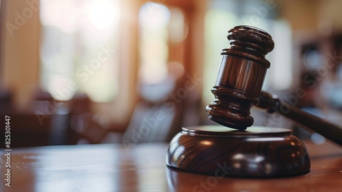 gavel on judges desk in courtroom symbol of justice and legal system closeup