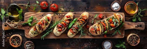 A wooden cutting board topped with a variety of focaccia sandwiches, generously filled with fresh vegetables
