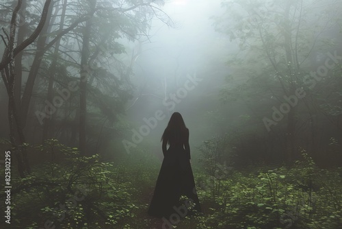 Mysterious Goth Woman in Long Black Dress Roaming Through Enigmatic Foggy Forest
