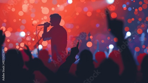 Silhouette of singer performing on stage with vibrant lights and enthusiastic audience, creating electrifying concert atmosphere.