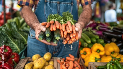 Vibrant Harvest: Close-up of Hands Holding Fresh Organic Vegetables at Farmer's Market
