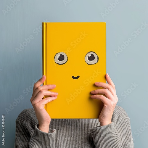 Joyful Reader Holding a Whimsical Book with Playful Cover Design in a Bright Room