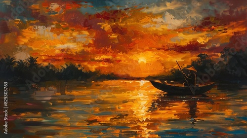 golden hour mekong fishing asian fisherman silhouetted against stunning sunset on iconic river oil painting