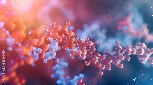 Design an artistic 3D visualization depicting insulin molecules binding with sugar molecules. Use contrasting colors and dynamic lighting to accentuate the process of glucose regulation at a molecular