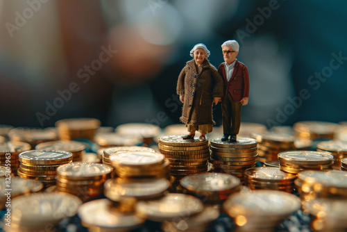 Retirement fund concept, figurines depicting an elderly couple standing on a pile of coins