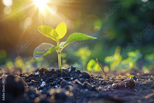 Plant sprout in morning light, young seedling in soil, natural lighting