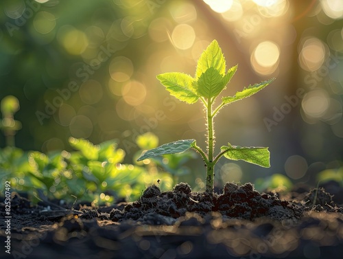 Seedling growth in sunlight, young plant in soil, warm morning light