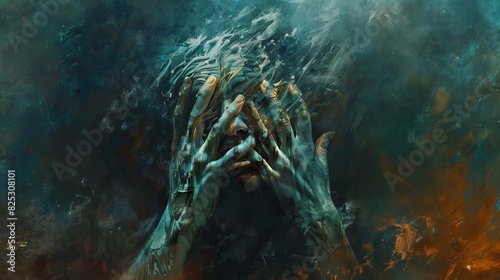 haunting demon monster covering face with hands horror digital painting