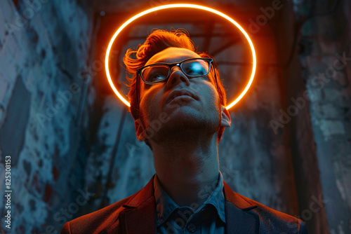 Narcissism concept, a confident young male narcissist wearing a suit with a neon halo over his head,