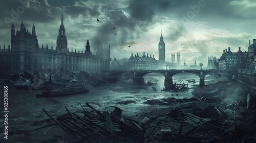 haunting postapocalyptic london skyline with destroyed landmarks and eerie atmosphere