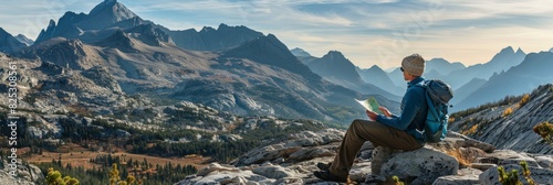A hiker sits on a mountain top, reading a book while surrounded by rocky terrain