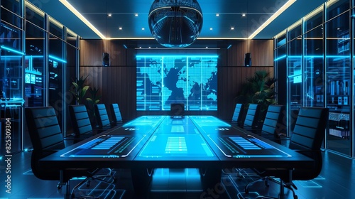 A hightech boardroom with digital cards that change dynamically based on discussion inputs, Futuristic, Cool hues, 3D Render