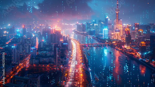 Oriental Pearl, Bund, Shanghai, Cyberpunk, information flow, technological lines, night, overlooking Angle, vista,generative ai