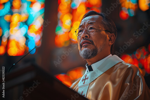 Catholic priest passionately addresses the congregation from the pulpit, illuminated by vibrant stained glass windows in a serene church setting