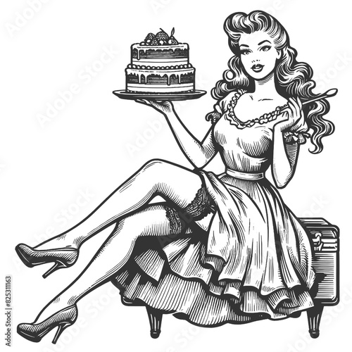 woman holding a decorative cake, reminiscent of classic 1950s style sketch engraving generative ai fictional character vector illustration. Scratch board imitation. Black and white image.