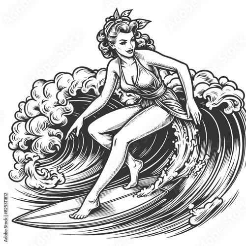 retro pin-up girl in stylish beachwear surfing on wave, grace and balance sketch engraving generative ai fictional character vector illustration. Scratch board imitation. Black and white image.