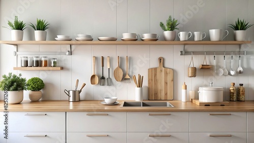 Minimalist and organized kitchen counter with crisp utensils and orderly layout