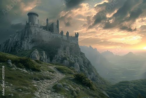 Enchanting castle atop rugged cliffs bathed in the warm glow of a sunset, with a dramatic sky