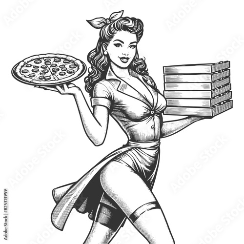 pin-up girl, confidently delivering a stack of pizza boxes with a flirty smile sketch engraving generative ai fictional character vector illustration. Scratch board imitation. Black and white image.