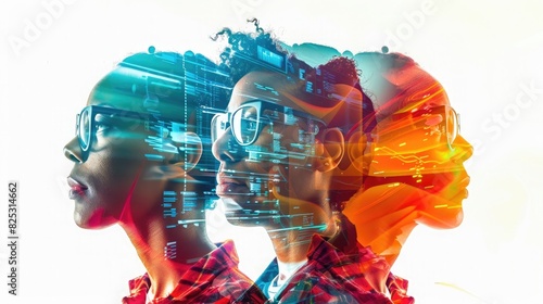 a double exposure photo of three diverse people wearing glasses and tech elements, with digital code overlay on their faces, vibrant colors