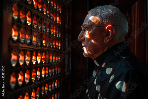 Christian priest sits in a confessional booth within a traditional church, softly lit by the serene glow of candlelight