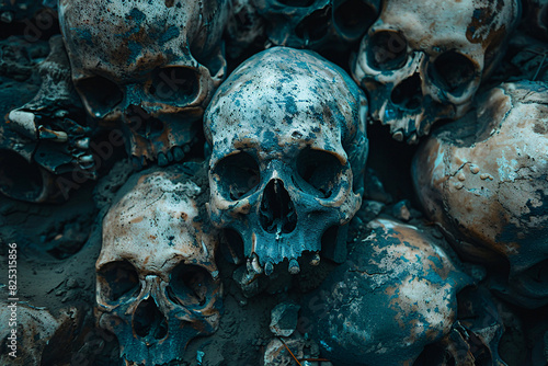 Human skulls piled up, mass grave, death and genocide concept