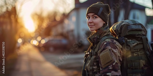 Female Soldier in Urban Neighborhood at Sunset, Military Concept
