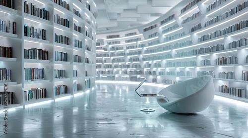 A minimalist futuristic library with holographic bookshelves and a single reader, Scifi, Cool tones, Digital Art
