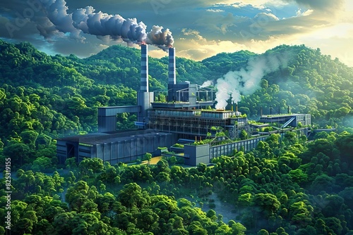 A modern industrial factory with smoking chimneys located amidst a lush green forest under a partly cloudy sky at sunset.