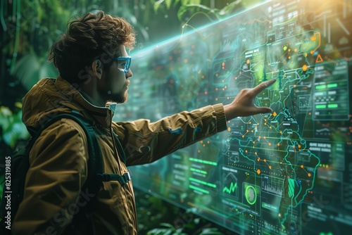 A scientist studying climate change data on an advanced interactive map, Environmental, Digital art, Earthy and green hues
