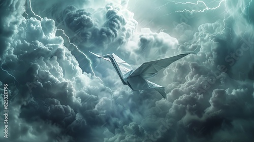 Origami crane flying through a stormy sky