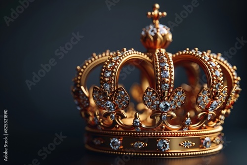 3D crown with diamonds gold flat black background space for text royalty and success