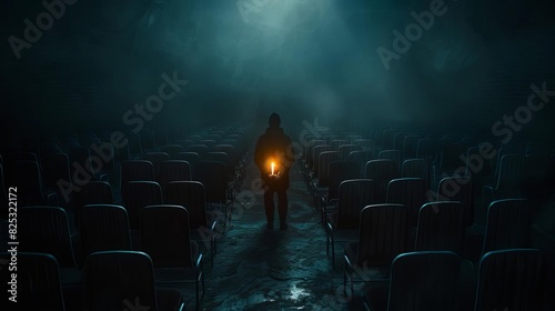 A solitary individual holding a single candle in a dark room filled with empty chairs, Gothic, Dark tones, Illustration