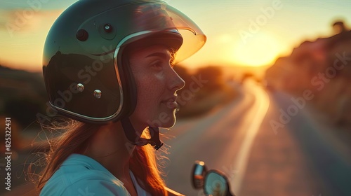 adventurous young woman ready for wild ride with vintage 1984 scooter helmet at sunset closeup