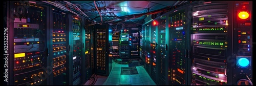 Lit room with various colors of lights creating a vibrant atmosphere in a tech infrastructure setting