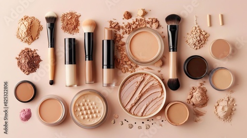 aesthetic flat lay of liquid foundations makeup brushes swatches face powder beauty photography
