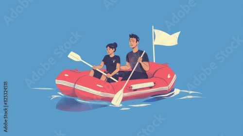 A man and woman in an inflatable boat with oars, in a simple flat illustration style with a blue background.