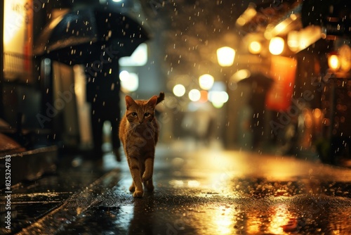 An orange cat strolls under streetlights on a wet, reflective road during a night rain shower