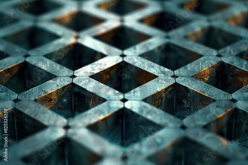 Abstract isometric background with staggered pentagons forming a complex geometric pattern,