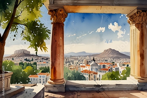 Watercolor illustration of beautiful view of Athens, Greece. Generative AI