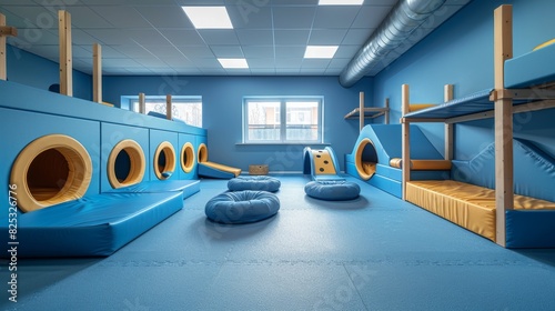 training room designed with agility equipment and dog obstacles to enhance dog skills and behavior, promoting concepts of dog training