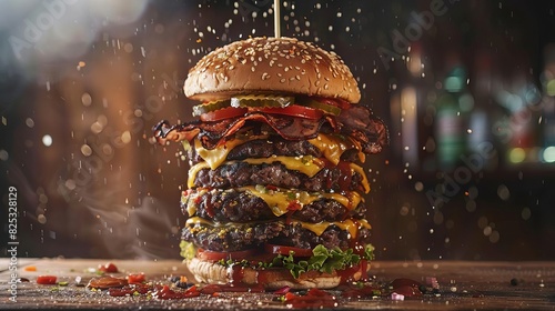 epic burger feast skyhigh hamburger loaded with excessive toppings food photography
