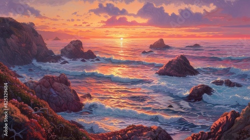 Sunset over rocks at Big Sur, California